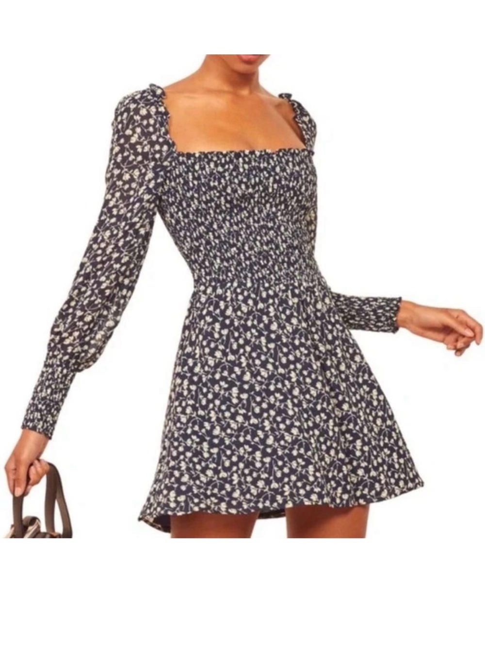 Reformation Navy and White Floral Smocked Mini Dress